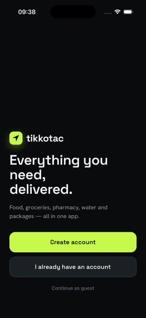 TikkoTac app on iPhone — home, orders, and onboarding screens — Welcome